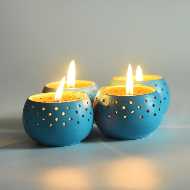 Buy Dome Sky Blue Handmade Candle Holders- Set Of 4 with Free Soywax Candles | Shop Verified Sustainable Candles & Fragrances on Brown Living™