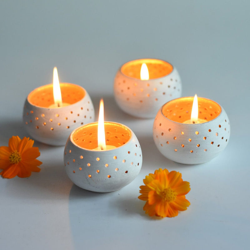 Buy Dome Handmade Candle Holders- White- Set Of 4 with Free Candles | Shop Verified Sustainable Products on Brown Living