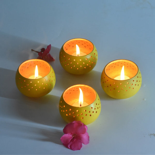 Buy Dome Handmade Candle Holders- Yellow- Set Of 4 with Free Candles. | Shop Verified Sustainable Products on Brown Living
