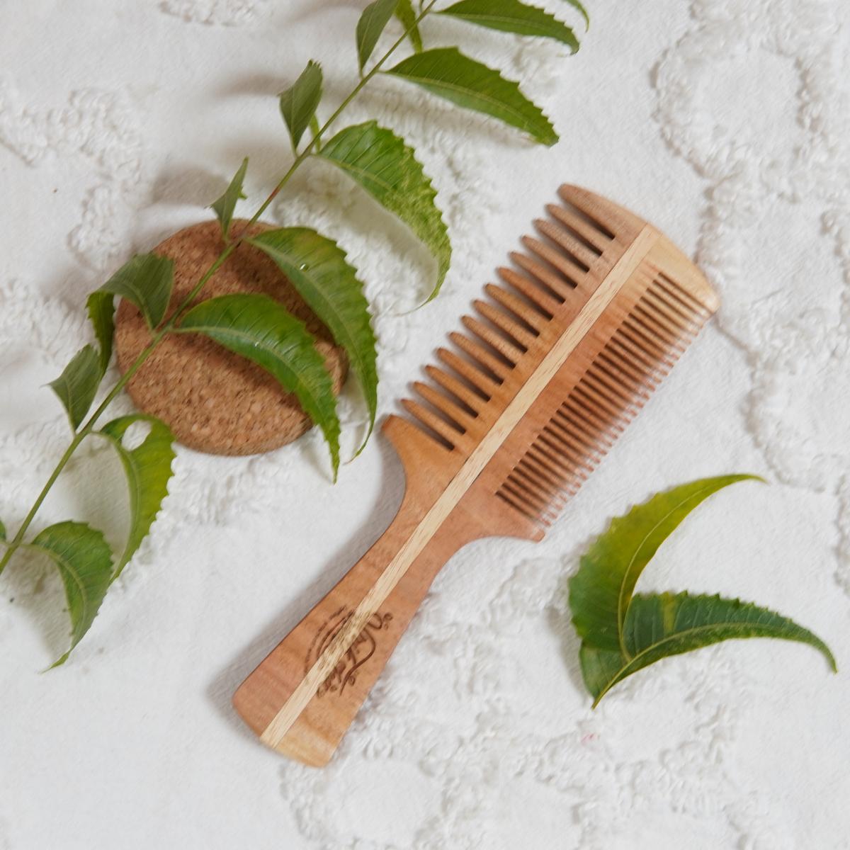 Double Sided Neem Wood Comb with Handle | Verified Sustainable by Brown Living™