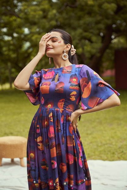 Dreamy Sunset Printed Detachable Modal Satin Dress | Verified Sustainable by Brown Living™