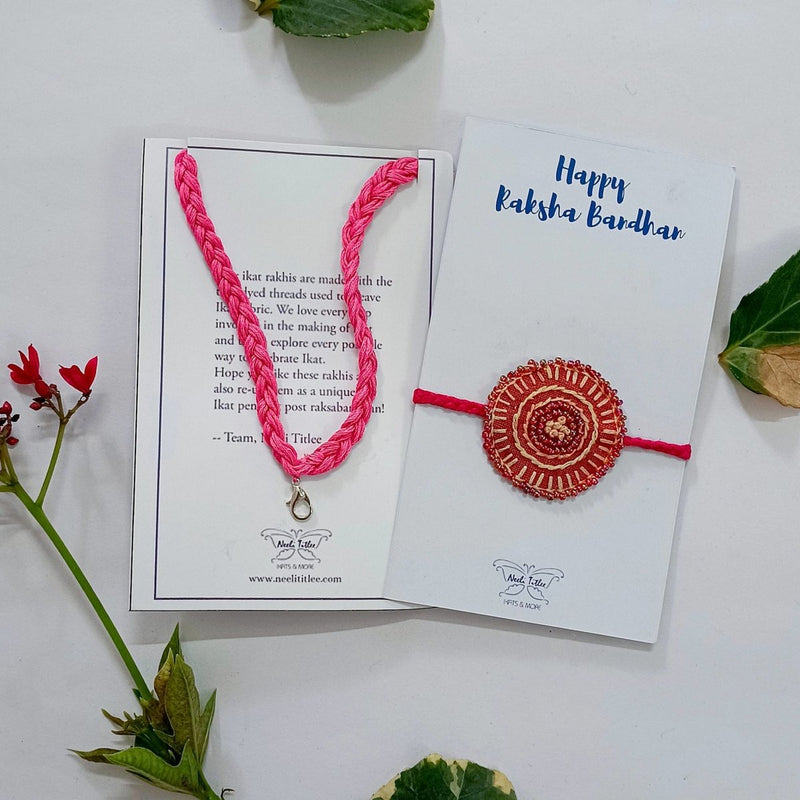 Buy Dual Avtar Embroidered Rakhi- Orange & Pink | Shop Verified Sustainable Products on Brown Living