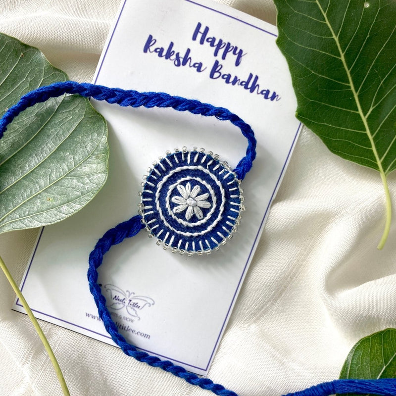 Dual Avtar Hand - embroidered Rakhi - Blue and White| Reusable | Verified Sustainable by Brown Living™