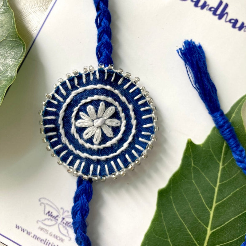 Buy Dual Avtar Hand-embroidered Rakhi-Blue and White| Reusable | Shop Verified Sustainable Products on Brown Living