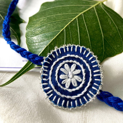 Dual Avtar Hand - embroidered Rakhi - Blue and White| Reusable | Verified Sustainable by Brown Living™