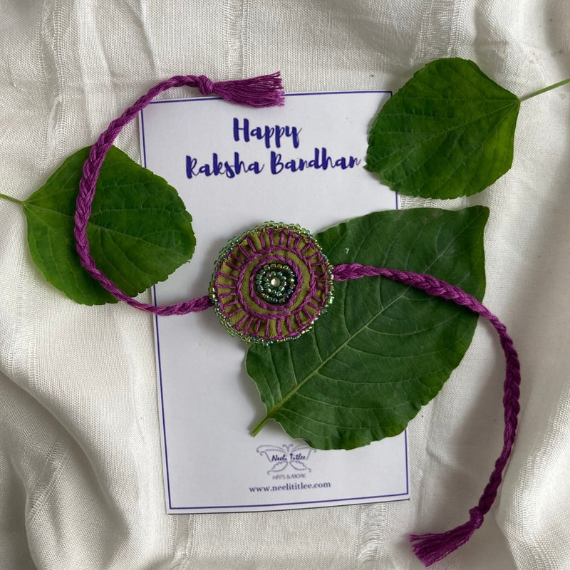 Buy Dual Avtar Hand Embroidered Rakhi- Olive & Purple/ Reusable Rakhi | Shop Verified Sustainable Products on Brown Living
