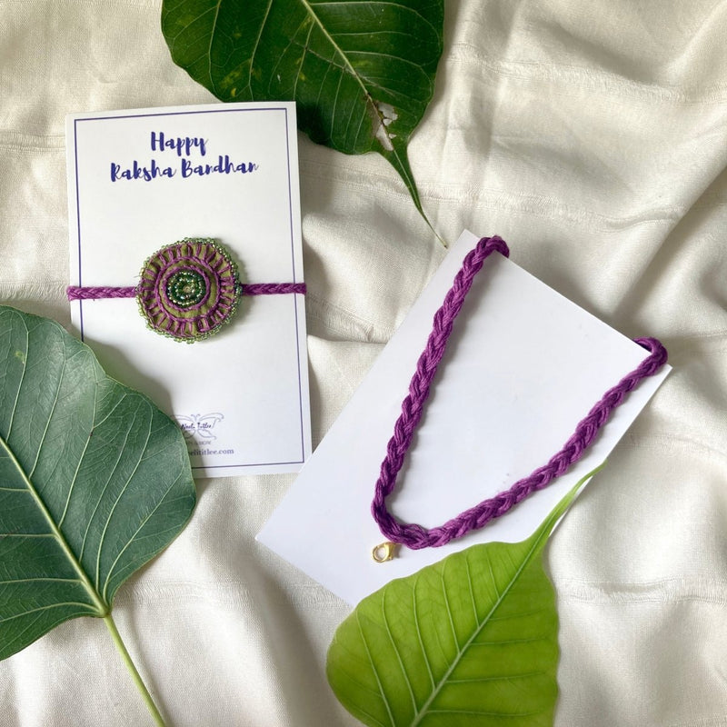 Buy Dual Avtar Hand Embroidered Rakhi- Olive & Purple/ Reusable Rakhi | Shop Verified Sustainable Products on Brown Living