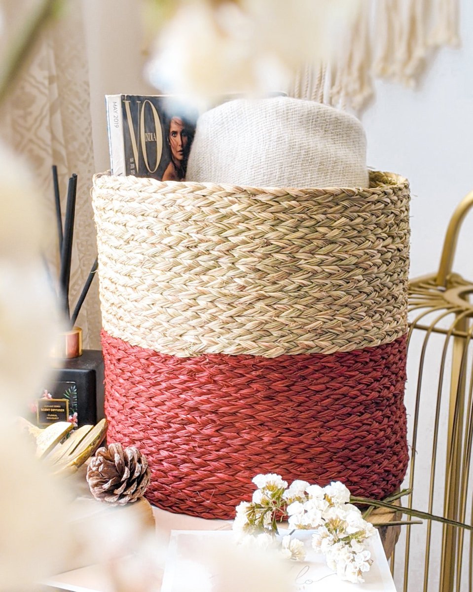 Dual Color Sabai Grass Planter - Natural & Maroon | Verified Sustainable by Brown Living™