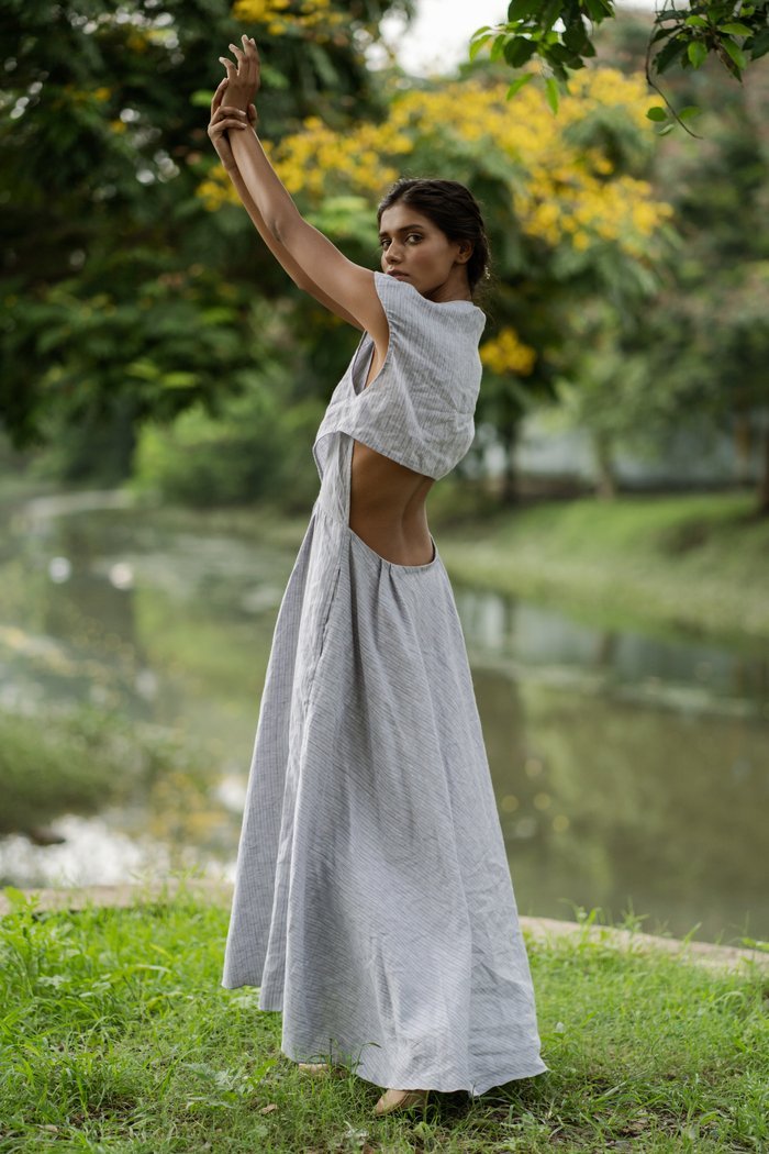 Buy Durvasa Dress - Grey + Blue Stripes | Shop Verified Sustainable Womens Dress on Brown Living™