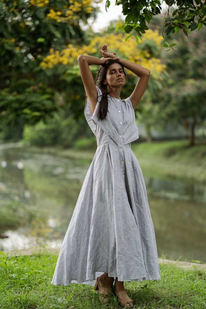 Buy Durvasa Dress - Grey + Blue Stripes | Shop Verified Sustainable Womens Dress on Brown Living™