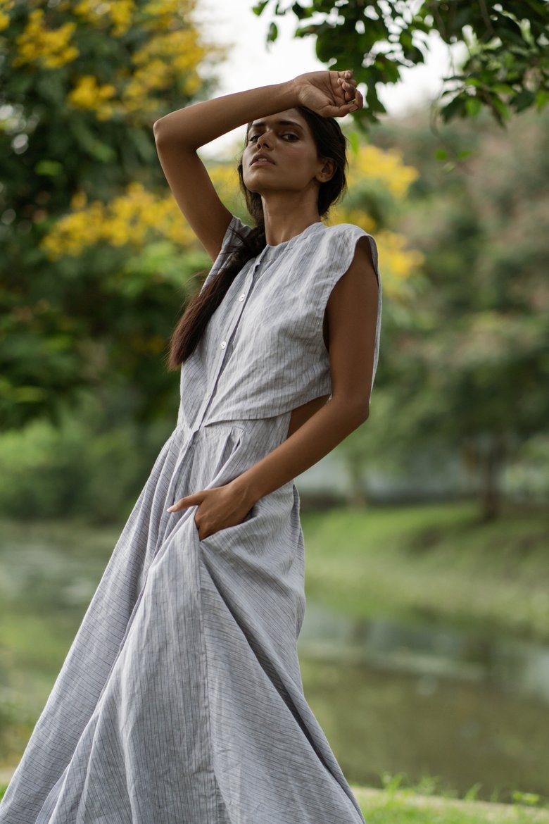 Durvasa Dress - Grey + Blue Stripes | Verified Sustainable by Brown Living™