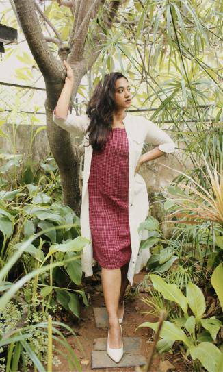 Eclectic Dress Maroon Buta With Maroon And Ivory Checks | Verified Sustainable by Brown Living™