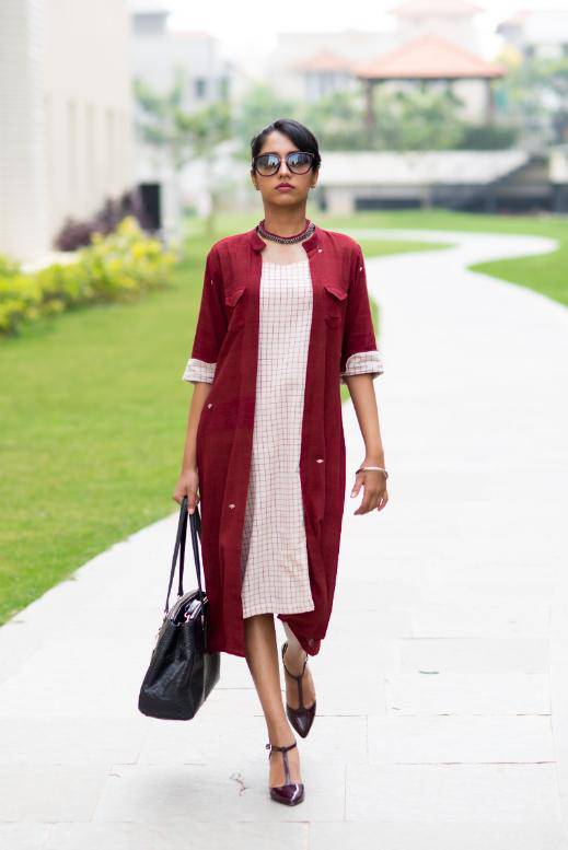 Buy Eclectic Dress With Ivory Buta And Maroon Checks | Shop Verified Sustainable Products on Brown Living