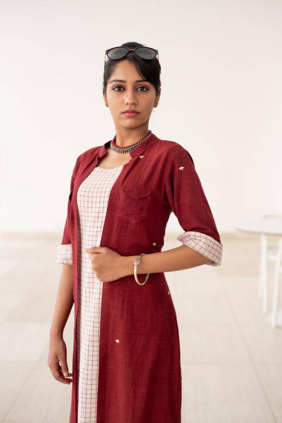 Buy Eclectic Dress With Ivory Buta And Maroon Checks | Shop Verified Sustainable Womens Dress on Brown Living™
