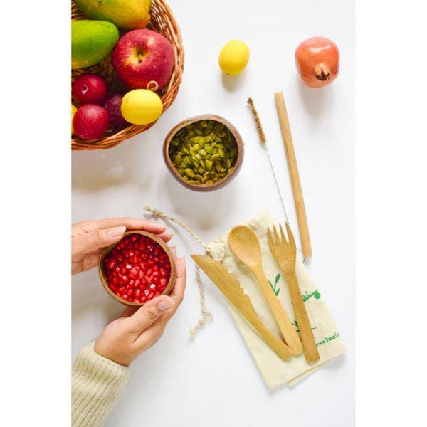 Buy Eco Cutlery - 2 coconut bowls, 1 pack of bamboo cutlery, 1 Straw & a Straw Cleaner Free Cotton Bag | Shop Verified Sustainable Kitchen Tools on Brown Living™