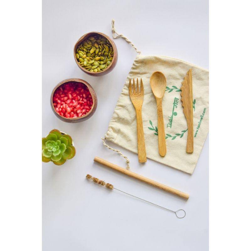 Buy Eco Cutlery - 2 coconut bowls, 1 pack of bamboo cutlery, 1 Straw & a Straw Cleaner Free Cotton Bag | Shop Verified Sustainable Products on Brown Living