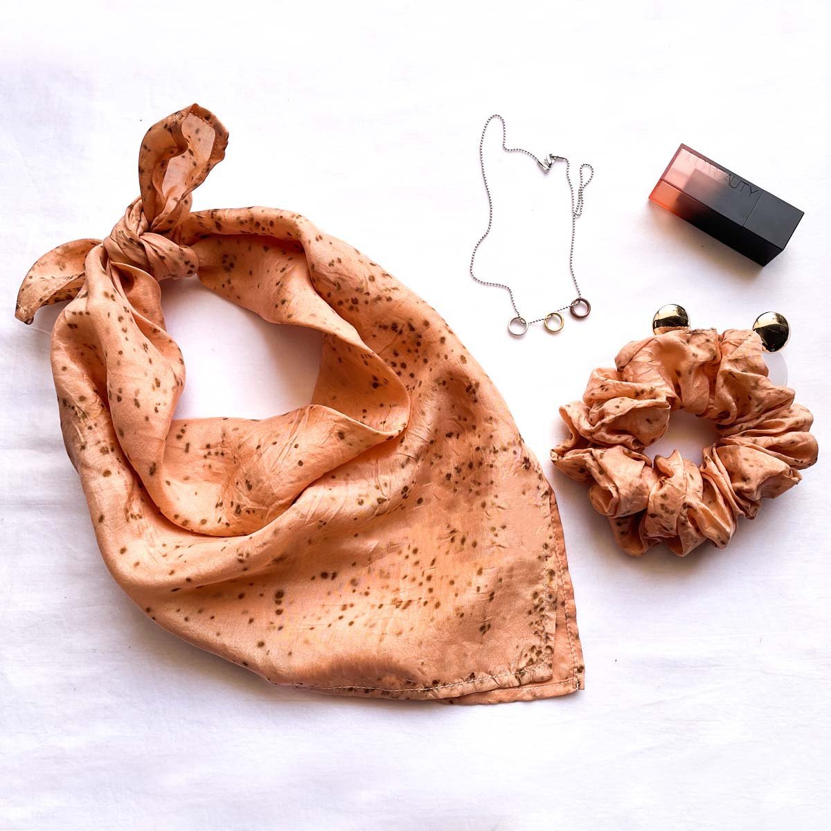 Eco - printed Silk Bandana & Scrunchie Combo - Peach with brown dots | Verified Sustainable by Brown Living™