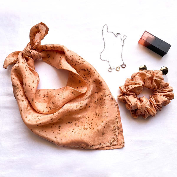 Buy Eco-printed Silk Bandana & Scrunchie Combo- Peach with brown dots | Shop Verified Sustainable Womens Accessories on Brown Living™