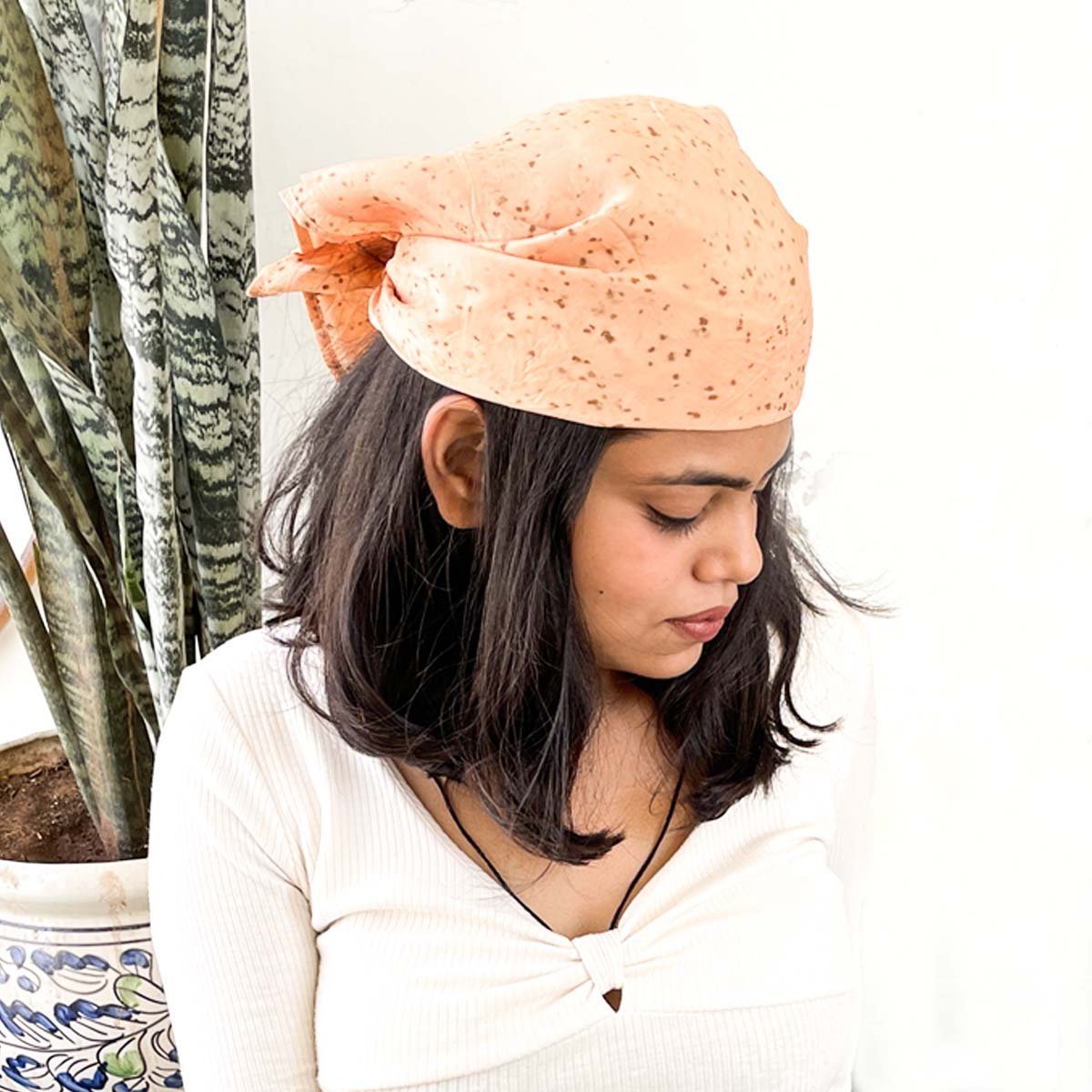 Eco - printed Silk Bandana & Scrunchie Combo - Peach with brown dots | Verified Sustainable by Brown Living™