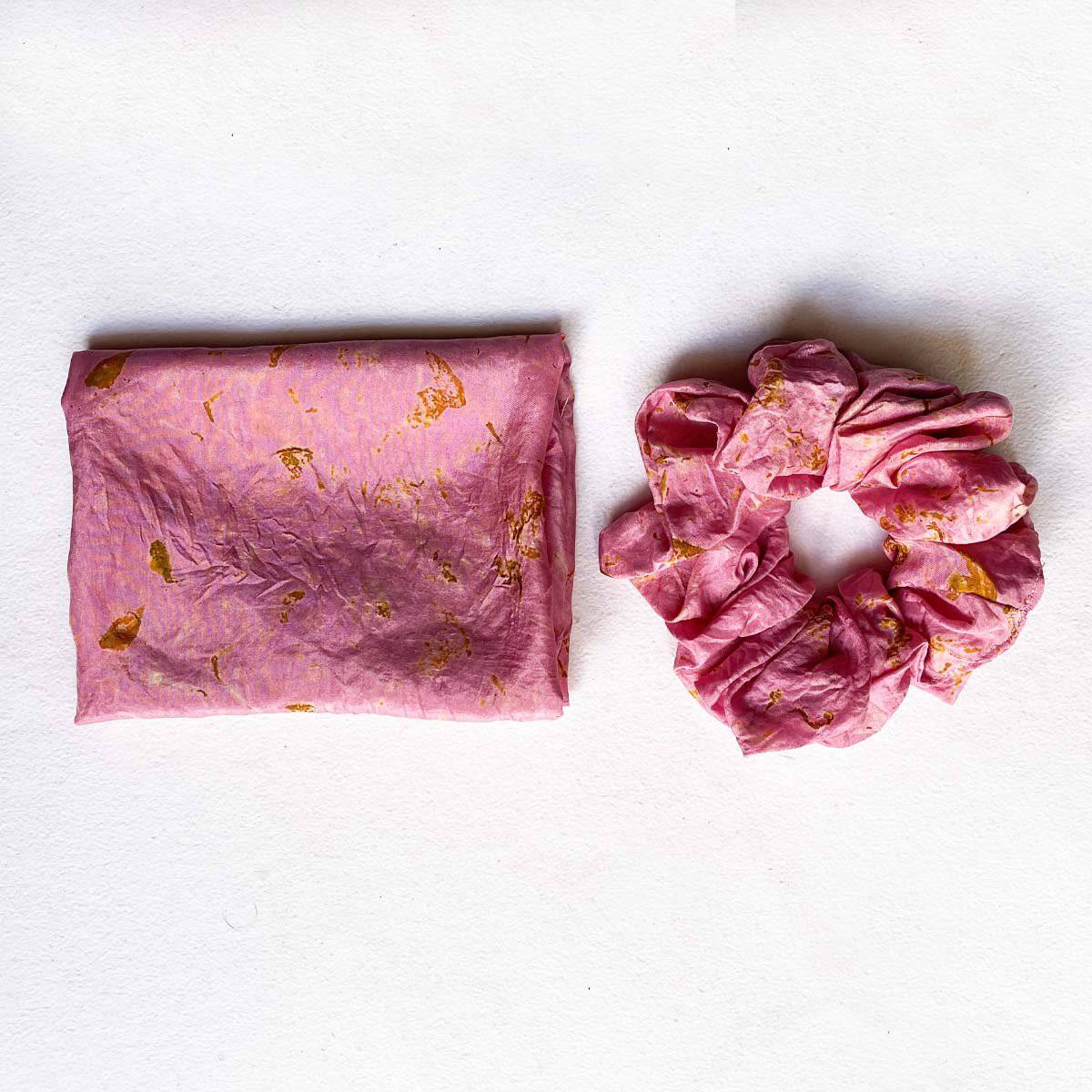 Eco - printed Silk Bandana, Scrunchie Combo - Pink with Yellow | Verified Sustainable by Brown Living™