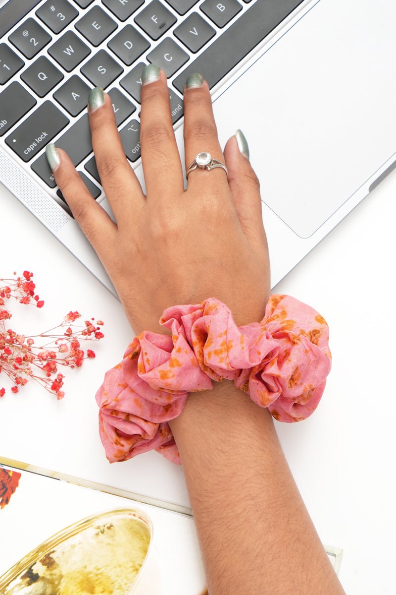 Eco - printed Silk Bandana, Scrunchie Combo - Pink with Yellow | Verified Sustainable by Brown Living™