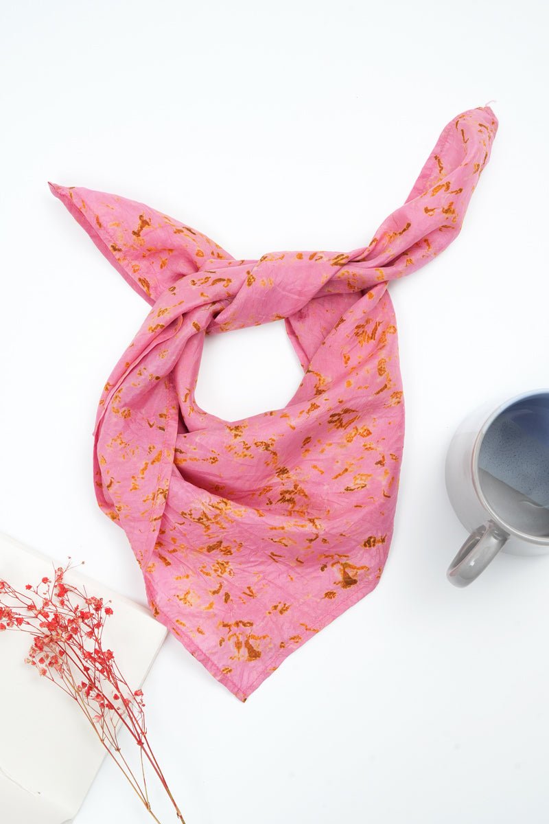 Eco - printed Silk Bandana, Scrunchie Combo - Pink with Yellow | Verified Sustainable by Brown Living™