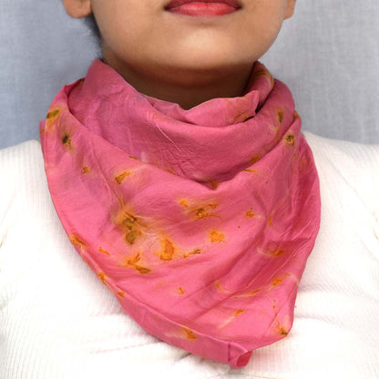 Eco - printed Silk Bandana, Scrunchie Combo - Pink with Yellow | Verified Sustainable by Brown Living™