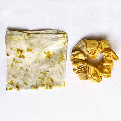 Eco - printed Silk Bandana, Scrunchie - White with Mustard Yellow | Verified Sustainable by Brown Living™