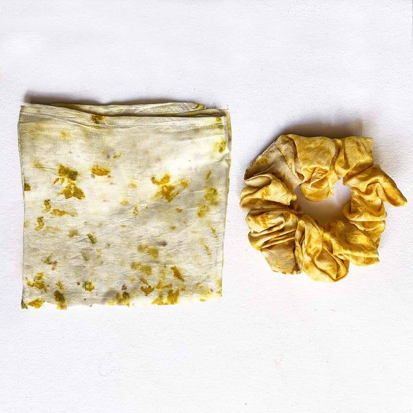 Buy Eco-printed Silk Bandana, Scrunchie - White with Mustard Yellow | Shop Verified Sustainable Womens Accessories on Brown Living™