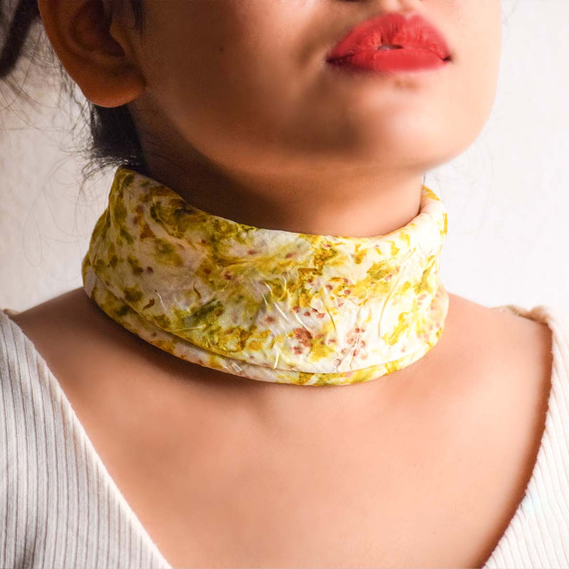 Buy Eco-printed Silk Bandana, Scrunchie - White with Mustard Yellow | Shop Verified Sustainable Womens Accessories on Brown Living™