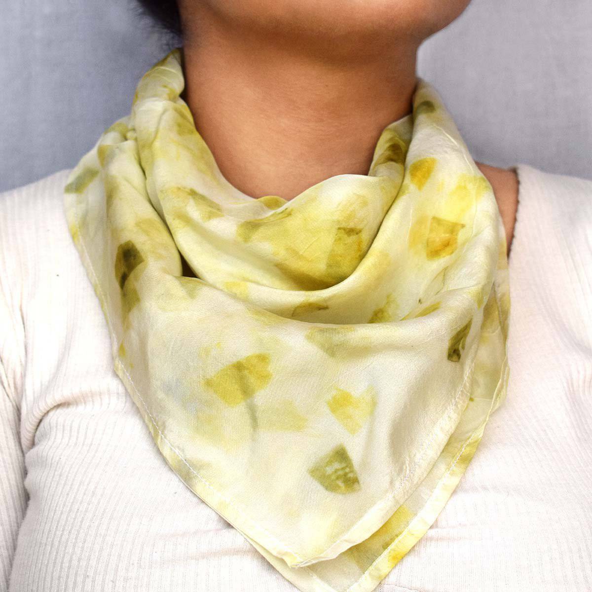 Eco - printed Silk Bandana - White with Lemon Yellow | Verified Sustainable by Brown Living™