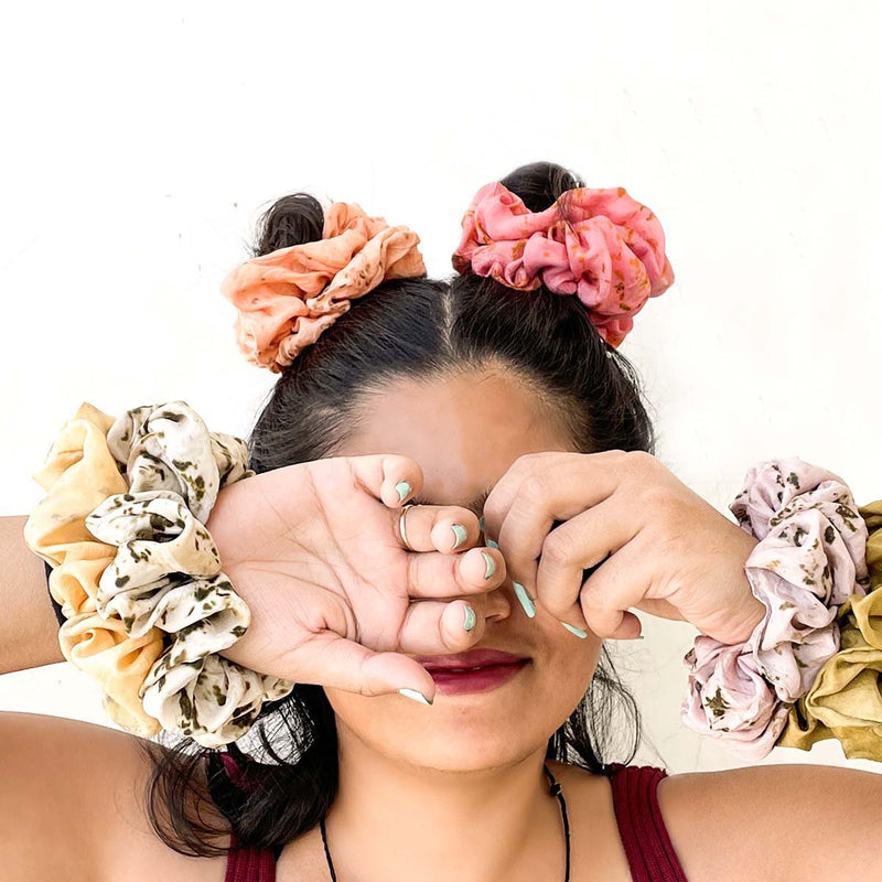 Buy Eco-printed Silk Scrunchies - Set of 3- Peach, Lavender, Oatmeal | Shop Verified Sustainable Products on Brown Living