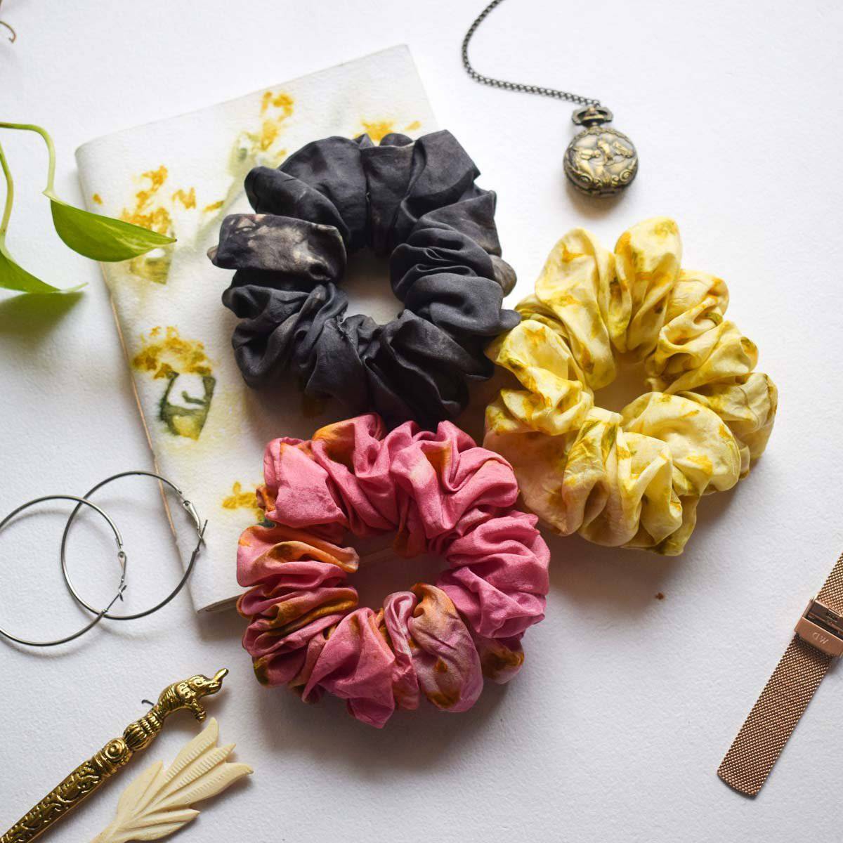 Eco - printed Silk Scrunchies - Set of 3 (Pink, Yellow & Grey) | Verified Sustainable by Brown Living™