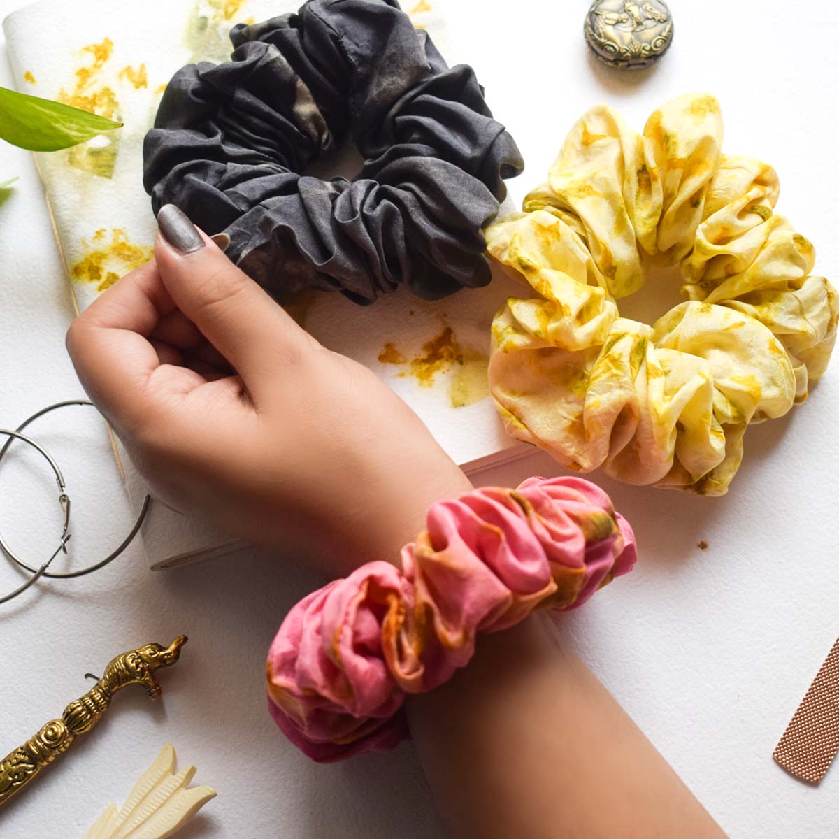 Eco - printed Silk Scrunchies - Set of 3 (Pink, Yellow & Grey) | Verified Sustainable by Brown Living™