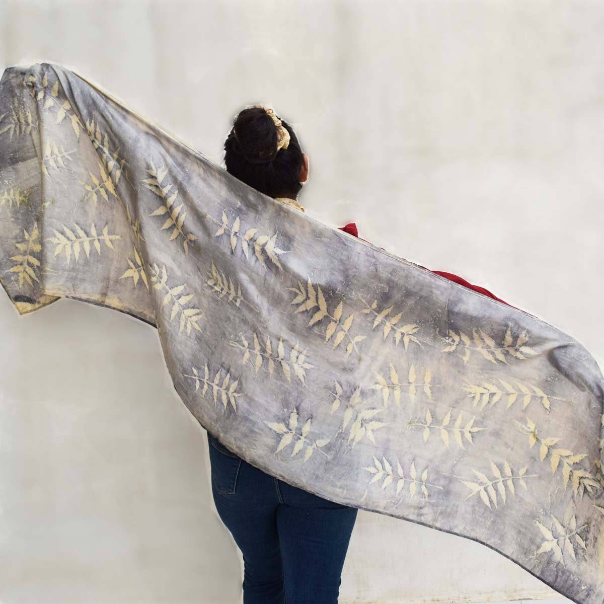 Eco - printed Silk Stole - Grey with Off white | Verified Sustainable by Brown Living™