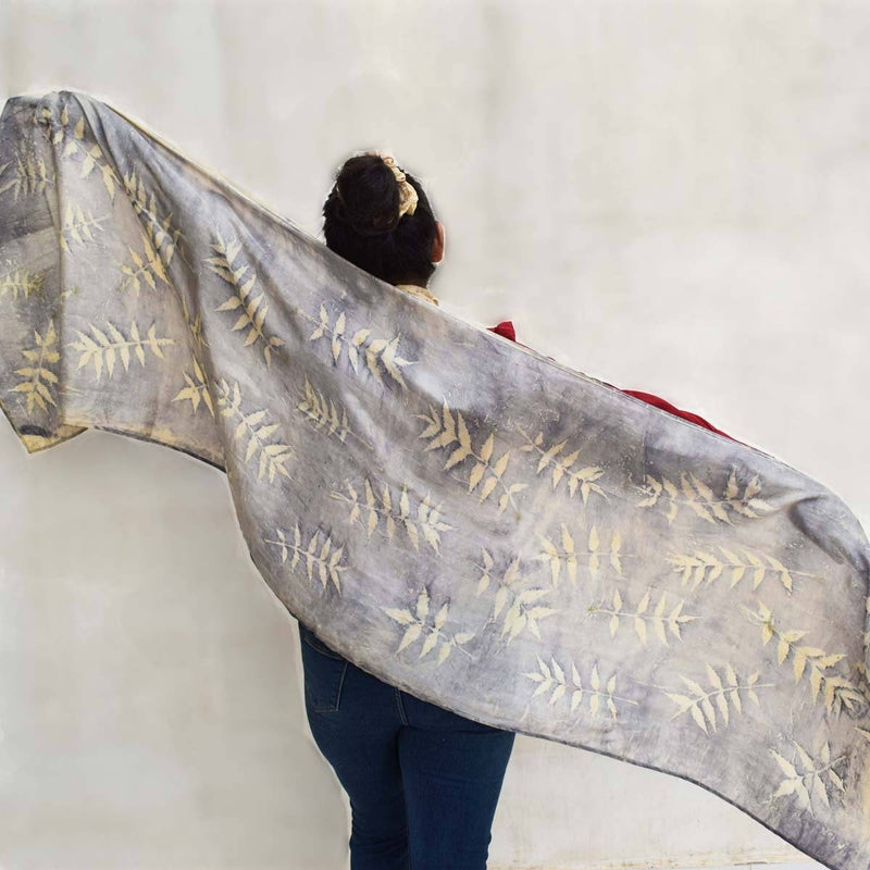 Buy Eco-printed Silk Stole - Grey with Off white | Shop Verified Sustainable Womens Scarf on Brown Living™