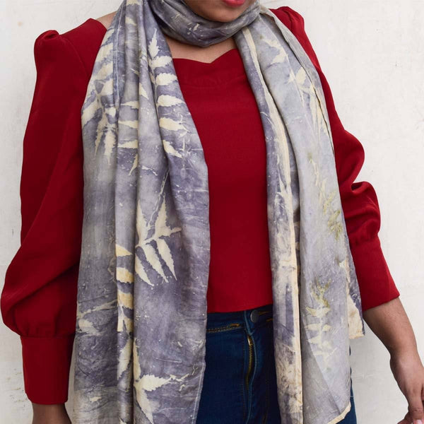 Buy Eco-printed Silk Stole - Grey with Off white | Shop Verified Sustainable Products on Brown Living