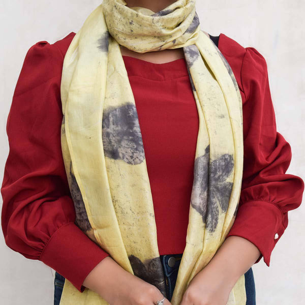 Buy Eco-printed Silk Stole - Light yellow with grey | Shop Verified Sustainable Womens Scarf on Brown Living™