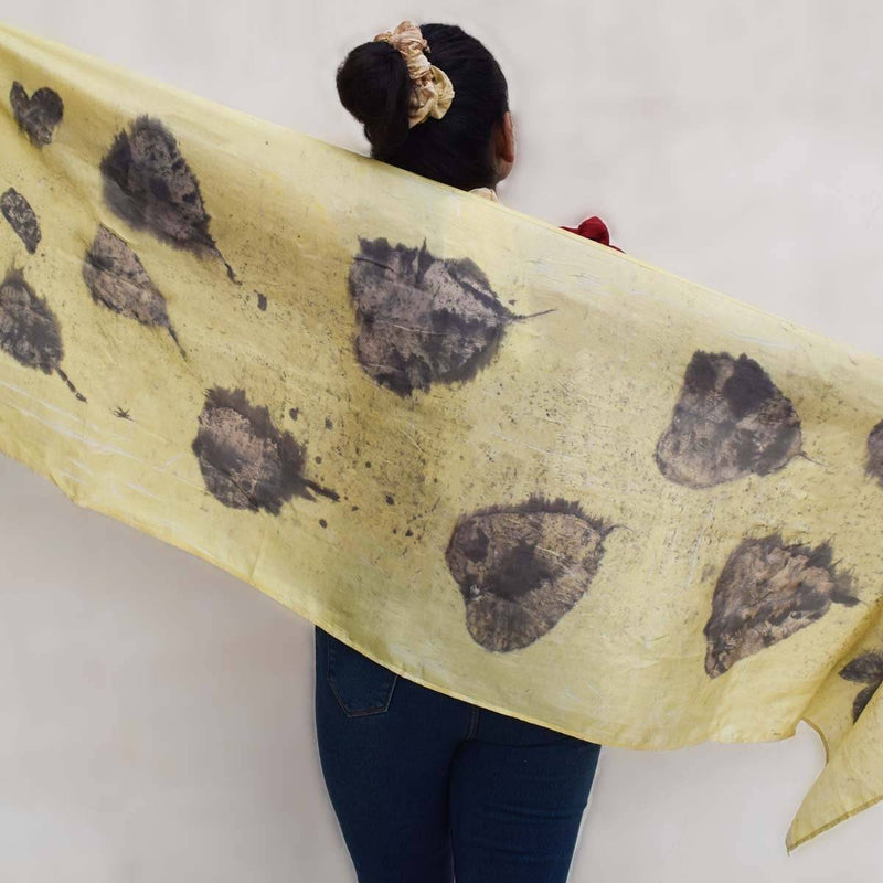 Buy Eco-printed Silk Stole - Light yellow with grey | Shop Verified Sustainable Womens Scarf on Brown Living™