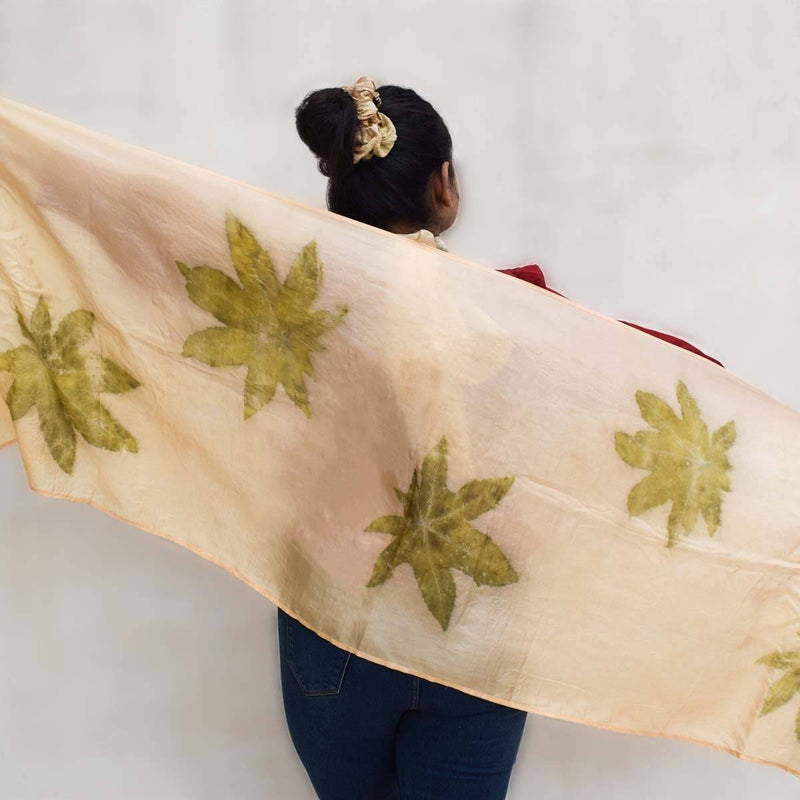 Buy Eco-printed Silk Stole - Peach with Olive Green | Shop Verified Sustainable Womens Scarf on Brown Living™