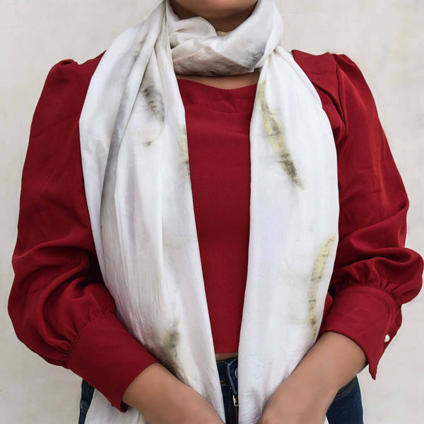 Buy Eco-printed Silk Stole - White with Deep green | Shop Verified Sustainable Womens Scarf on Brown Living™