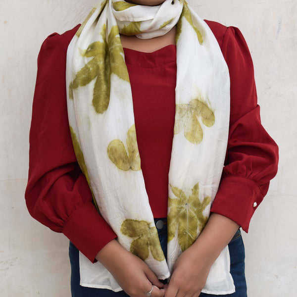 Buy Eco-printed Silk Stole - White with Olive Green | Shop Verified Sustainable Products on Brown Living