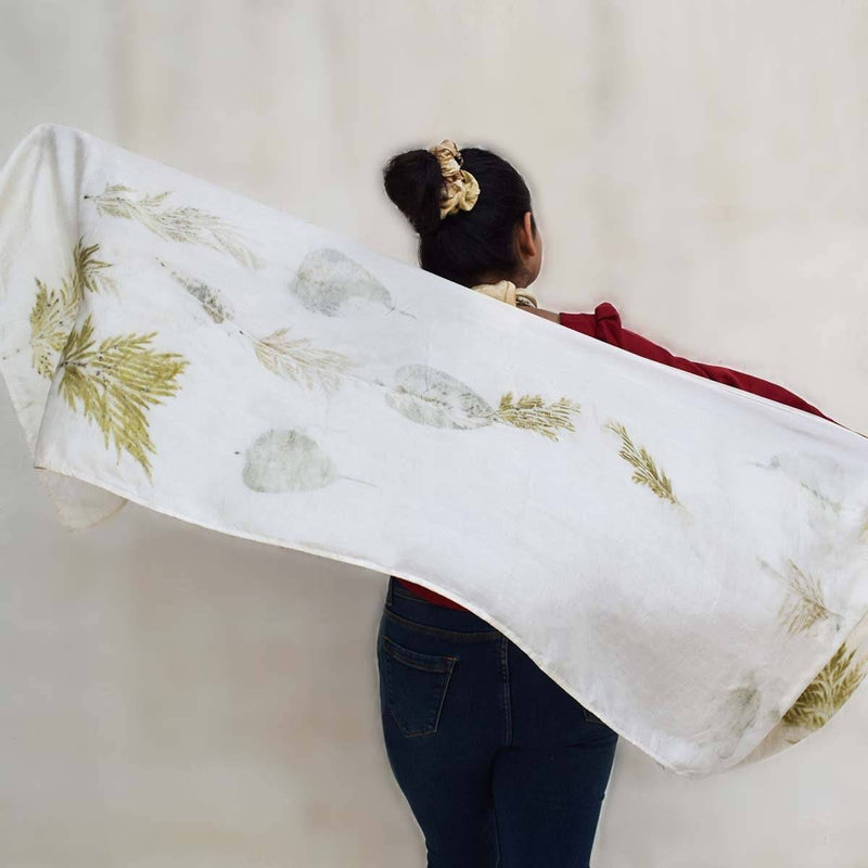 Buy Eco-printed Silk Stole - White with Olive Green | Shop Verified Sustainable Products on Brown Living