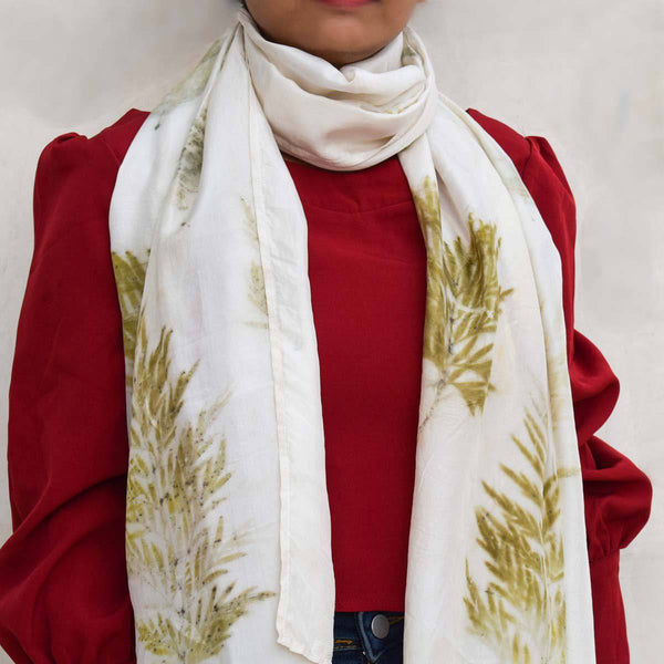 Buy Eco-printed Silk Stole - White with Olive Green | Shop Verified Sustainable Womens Scarf on Brown Living™