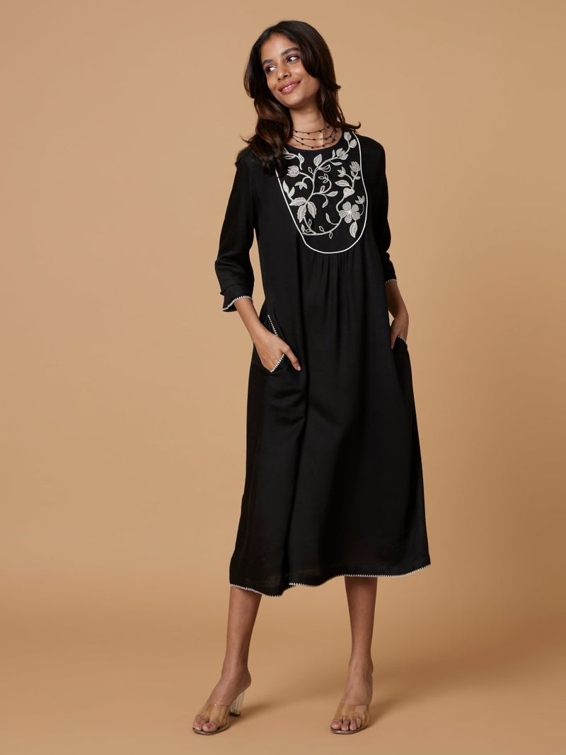 Buy Ecovero Black Yoke Embroidered Dress | Shop Verified Sustainable Womens Dress on Brown Living™