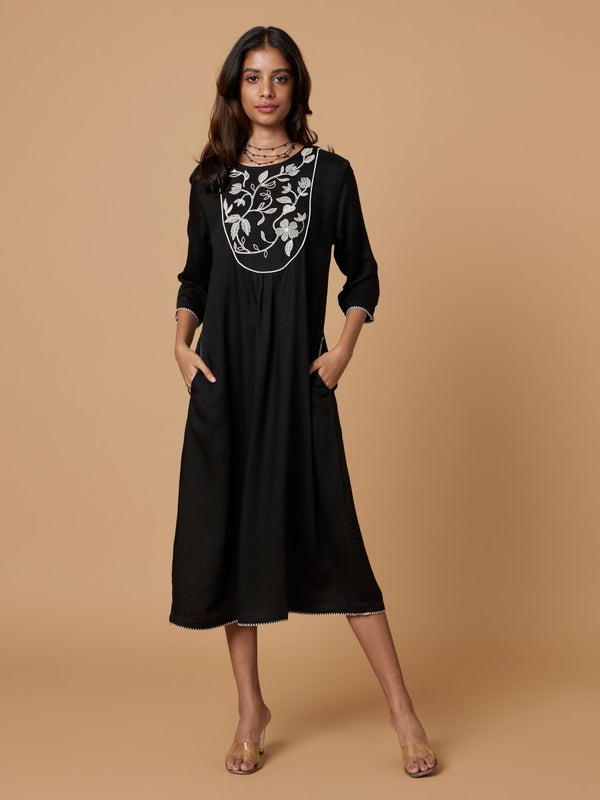 Buy Ecovero Black Yoke Embroidered Dress | Shop Verified Sustainable Products on Brown Living