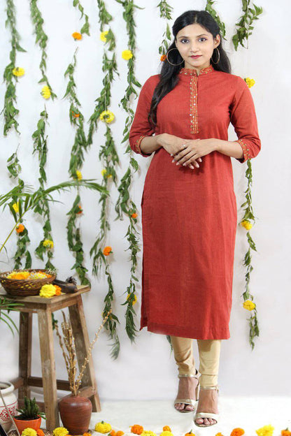 Embroidered Gold on Red Collared 3/4th sleeve Kurti | Verified Sustainable by Brown Living™