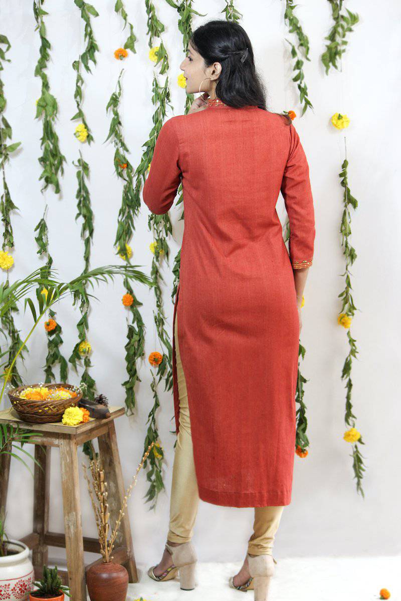 Buy Embroidered Gold on Red Collared 3/4th sleeve Kurti | Shop Verified Sustainable Products on Brown Living
