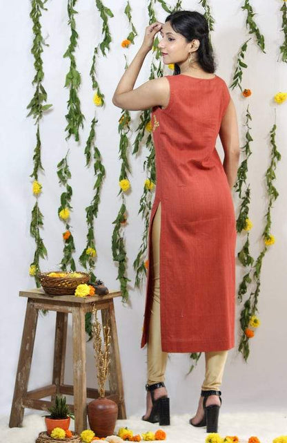 Embroidered Gold on Red Kurti | Verified Sustainable by Brown Living™