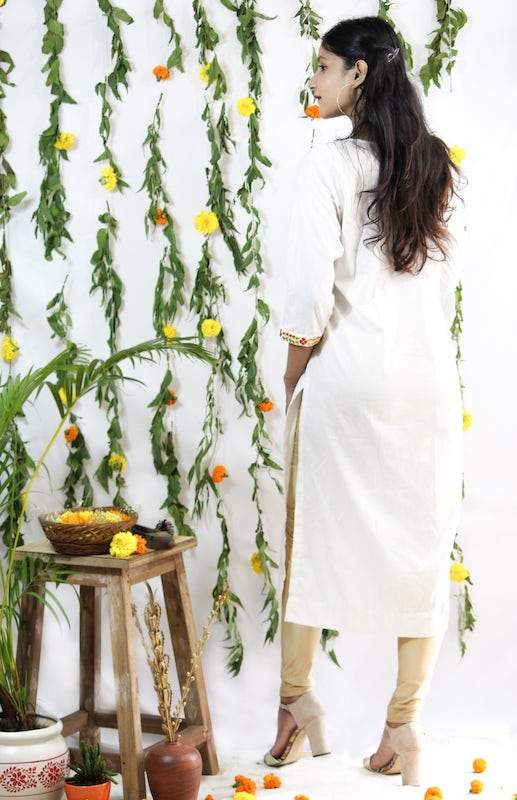 Buy Embroidered Red & Gold on White Kurti | Shop Verified Sustainable Products on Brown Living